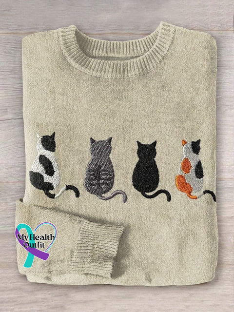 Cat Art Print Knit Pullover Sweater Multicolor / S