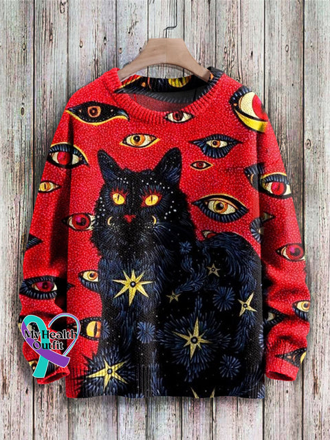 Cat Art Print Knit Pullover Sweater Red / S