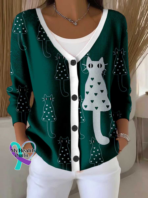 CAT Breast Cancer Awareness Print Buttoned V neck Cardigan Sweater Green / S