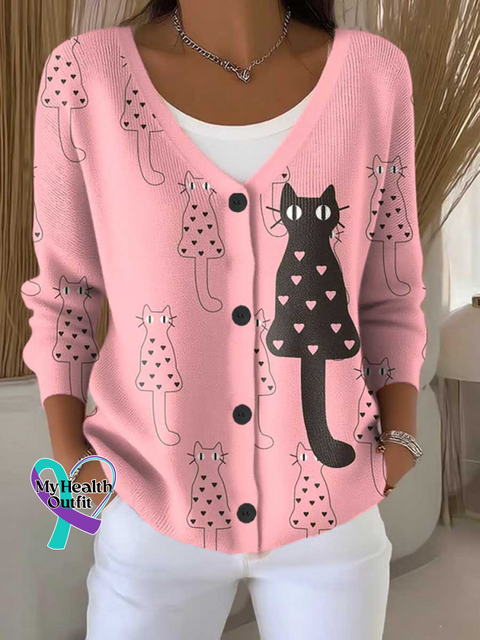 CAT Breast Cancer Awareness Print Buttoned V neck Cardigan Sweater LightPink / S
