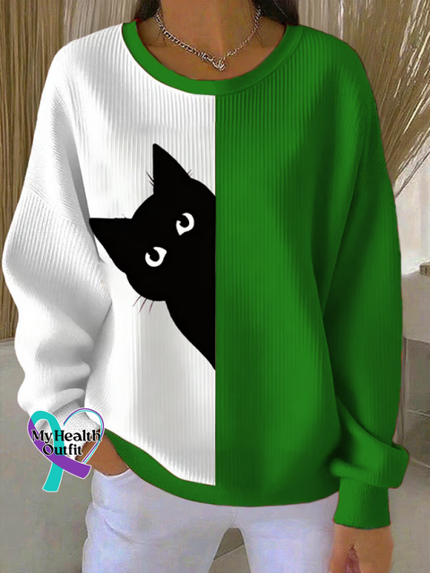 Cat Casual Cotton Sweatshirt Green / S