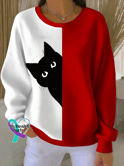 Cat Casual Cotton Sweatshirt Red / S