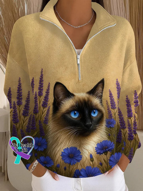 Cat Casual Long Sleeve Zip Sweatshirt Multicolor / S