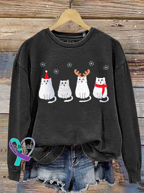 Cat Christmas Print Casual Sweatshirt Black / S