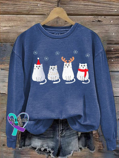 Cat Christmas Print Casual Sweatshirt Blue / S