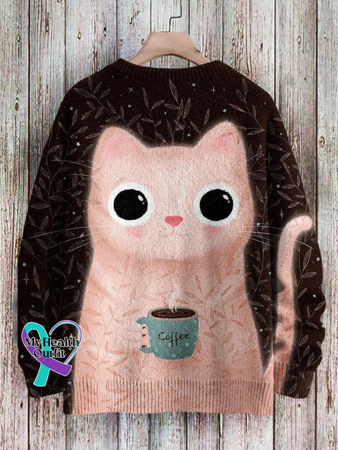 Cat Coffee Art Print Pullover Knitted Sweater