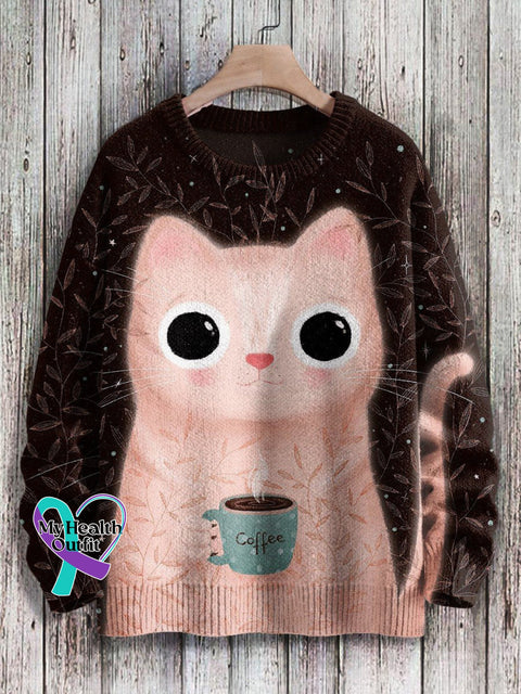 Cat Coffee Art Print Pullover Knitted Sweater Multicolor / S