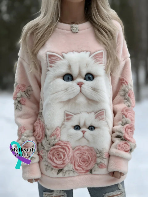 Cat Floral Fuzzy Cozy Plush Sweatshirt Multicolor / S