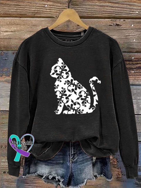 Cat Flower Print Casual Sweatshirt Black / S