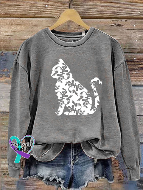 Cat Flower Print Casual Sweatshirt Grey / S
