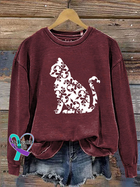 Cat Flower Print Casual Sweatshirt Maroon / S