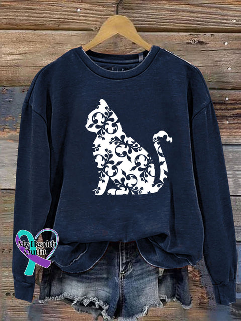 Cat Flower Print Casual Sweatshirt Navytblue / S
