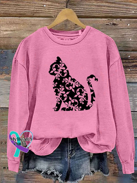 Cat Flower Print Casual Sweatshirt Pink / S