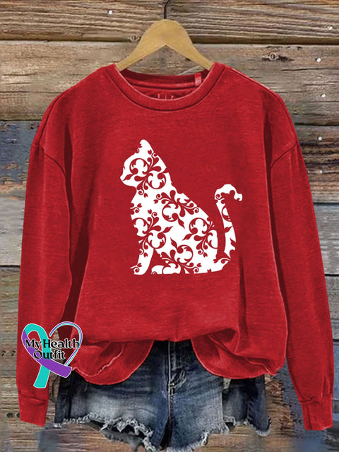 Cat Flower Print Casual Sweatshirt Red / S