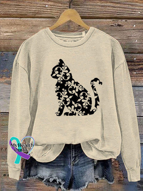 Cat Flower Print Casual Sweatshirt Sand / S