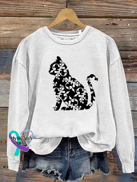 Cat Flower Print Casual Sweatshirt White / S