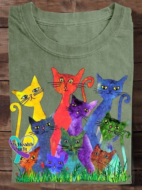 Cat Lover Watercolor Art T-Shirt Green / S