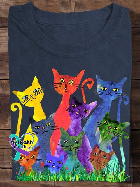 Cat Lover Watercolor Art T-Shirt Navy Blue / S