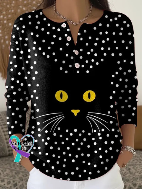 Cat Polka Dots Print Buttoned Cardigan Sweater Multicolor / S