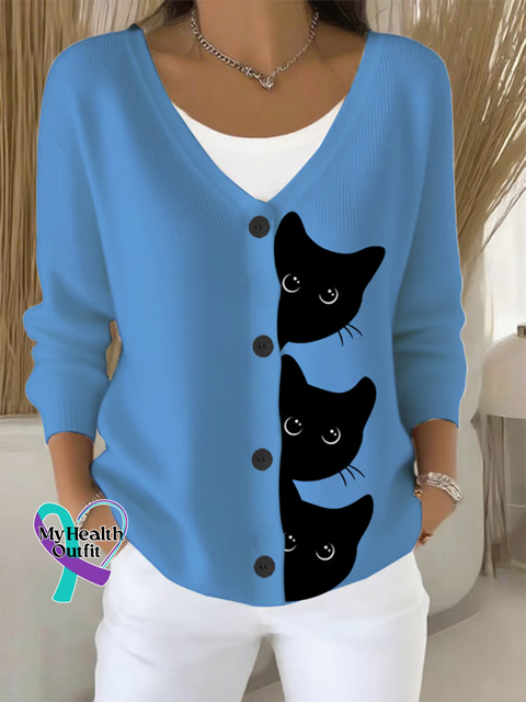 CAT Print Buttoned V neck Cardigan Sweater Blue / S