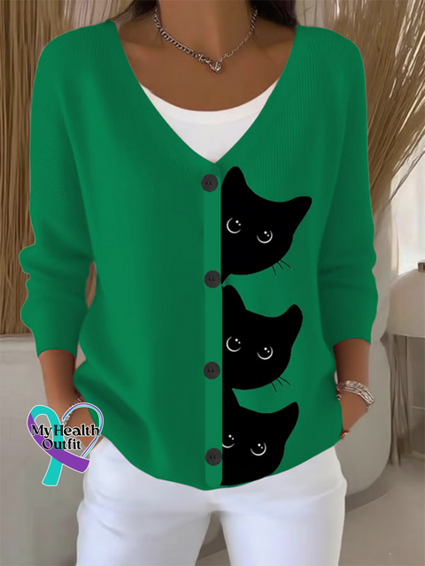 CAT Print Buttoned V neck Cardigan Sweater Green / S