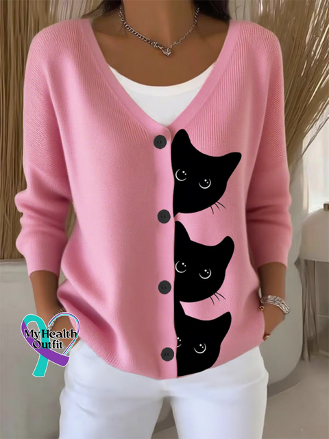 CAT Print Buttoned V neck Cardigan Sweater LightPink / S