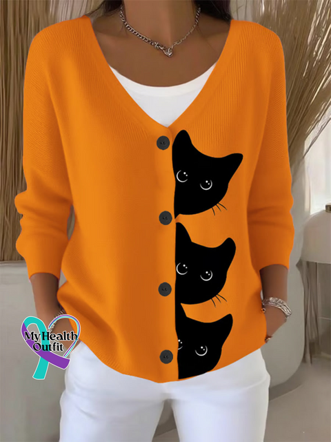 CAT Print Buttoned V neck Cardigan Sweater Orange / S