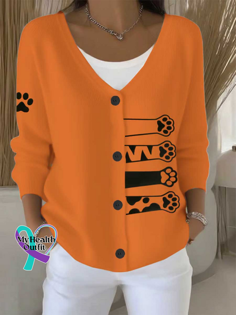 CAT Print Buttoned V neck Cardigan Sweater Orange / S