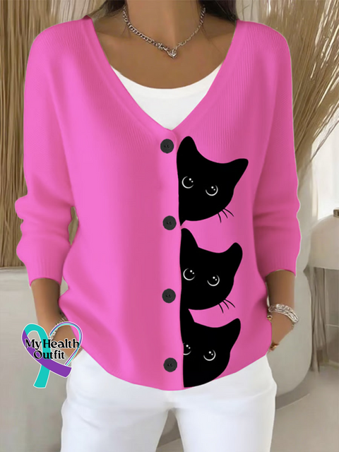 CAT Print Buttoned V neck Cardigan Sweater Pink / S