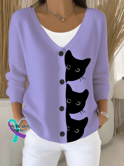 CAT Print Buttoned V neck Cardigan Sweater Purple / S