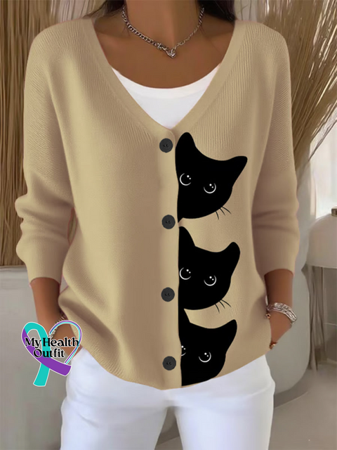 CAT Print Buttoned V neck Cardigan Sweater Sand / S