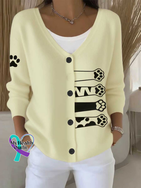 CAT Print Buttoned V neck Cardigan Sweater Sand / S