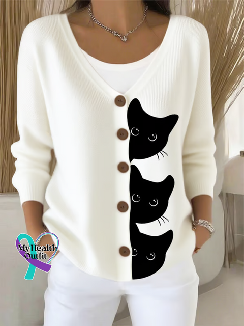 CAT Print Buttoned V neck Cardigan Sweater White / S