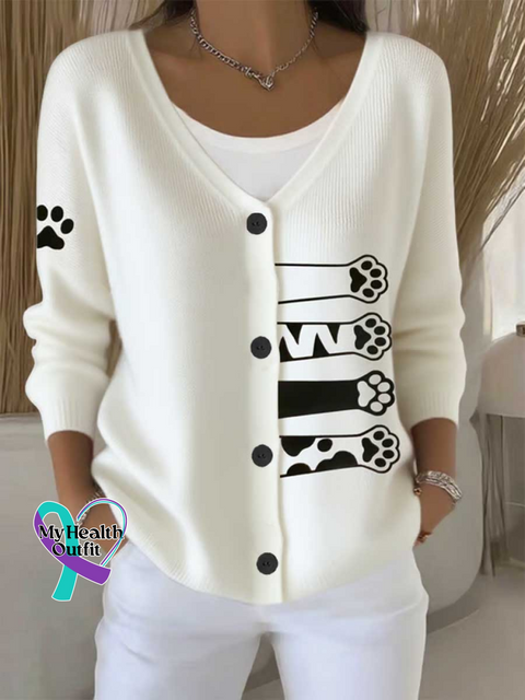 CAT Print Buttoned V neck Cardigan Sweater White / S