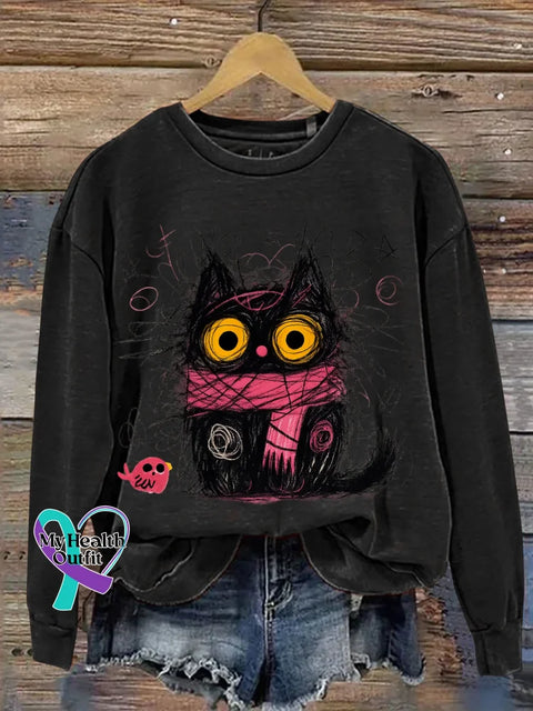 Cat Print Casual Sweatshirt Black / S