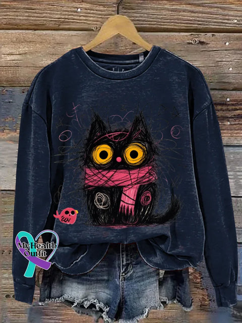 Cat Print Casual Sweatshirt Blue / S