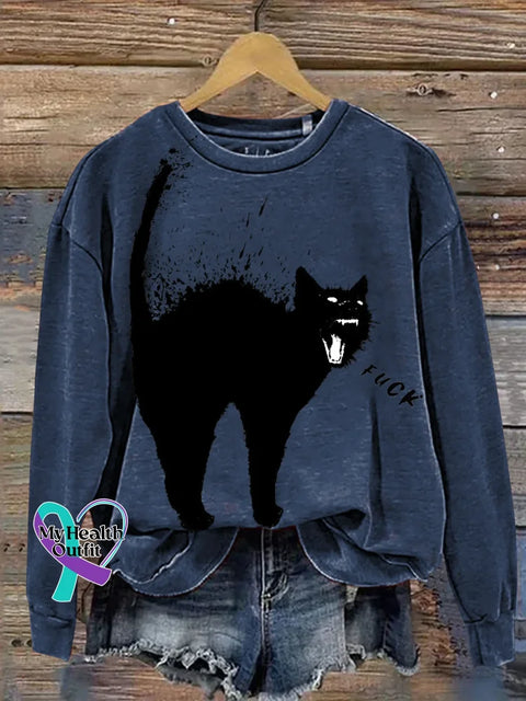 Cat Print Casual Sweatshirt Blue / S