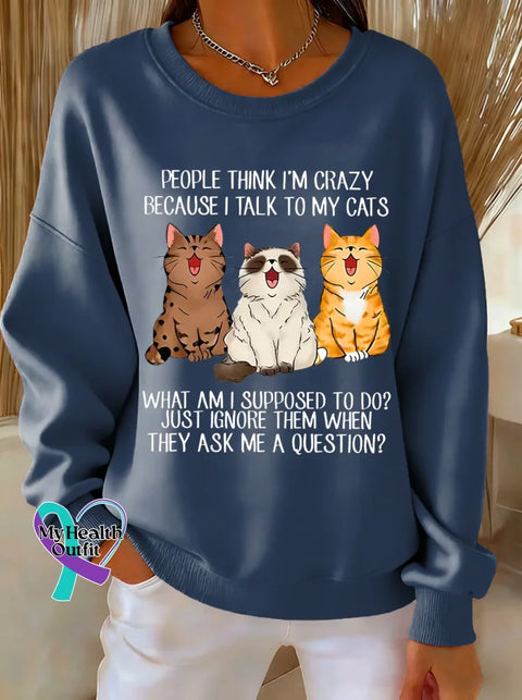 Cat Print Casual Sweatshirt Blue / S