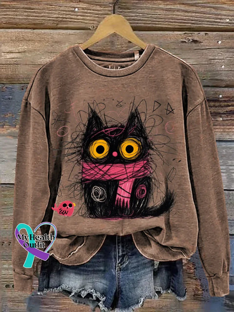 Cat Print Casual Sweatshirt Brown / S