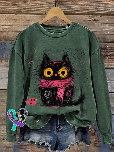 Cat Print Casual Sweatshirt Green / S