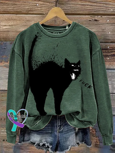 Cat Print Casual Sweatshirt Green / S