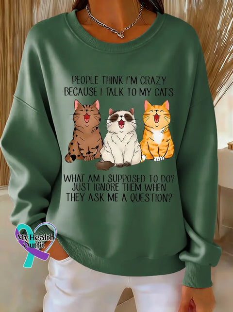 Cat Print Casual Sweatshirt Green / S