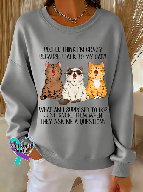 Cat Print Casual Sweatshirt Grey / S