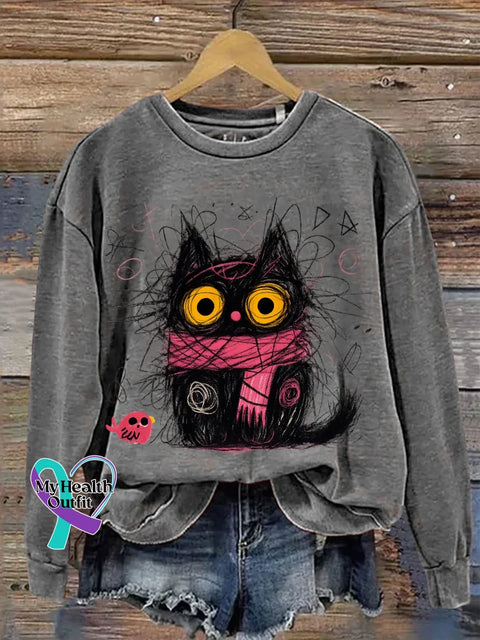 Cat Print Casual Sweatshirt Grey / S