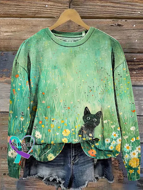 Cat Print Casual Sweatshirt Multicolor / S