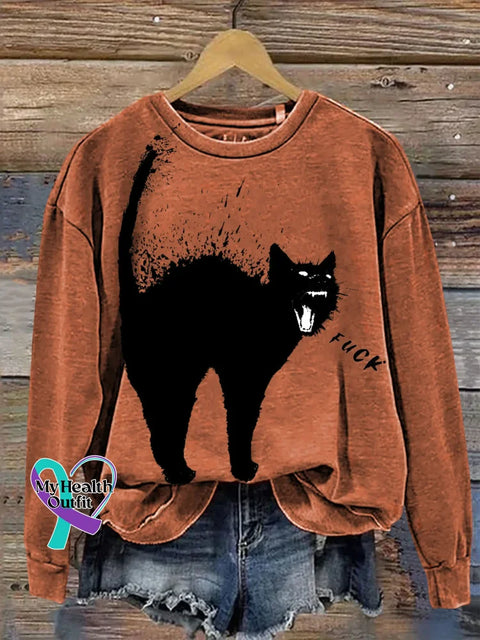 Cat Print Casual Sweatshirt Orange / S