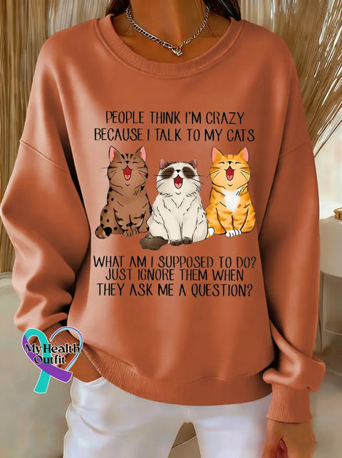 Cat Print Casual Sweatshirt Orange / S