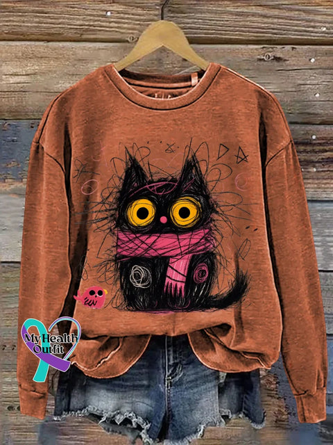 Cat Print Casual Sweatshirt Orange / S