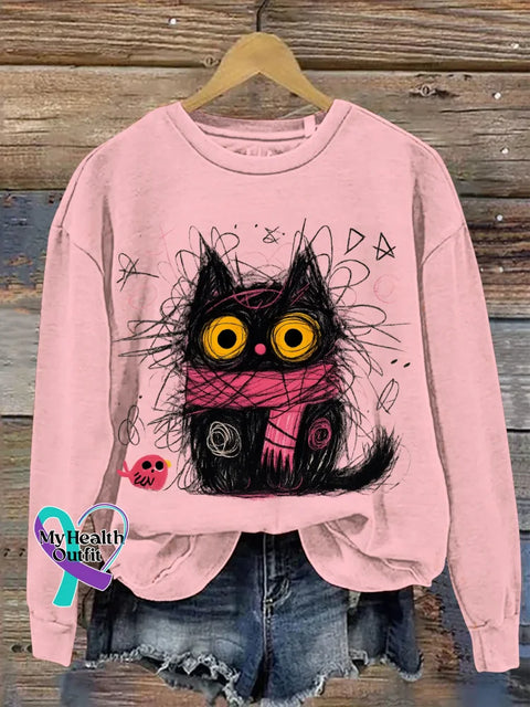 Cat Print Casual Sweatshirt Pink / S