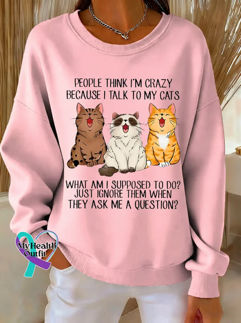 Cat Print Casual Sweatshirt Pink / S
